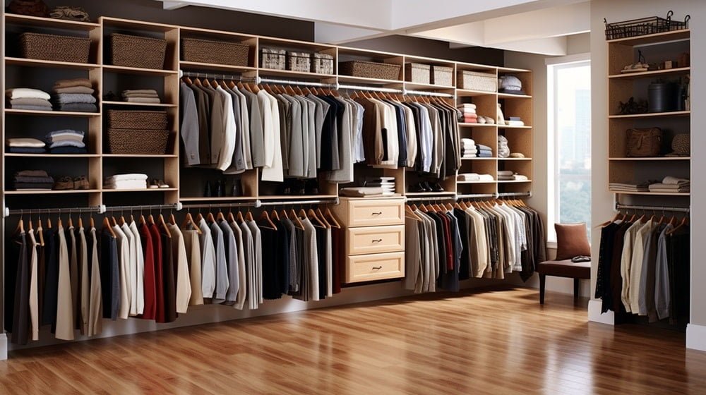 Reach in closet with hangers on the bottom row and shelves in the upper