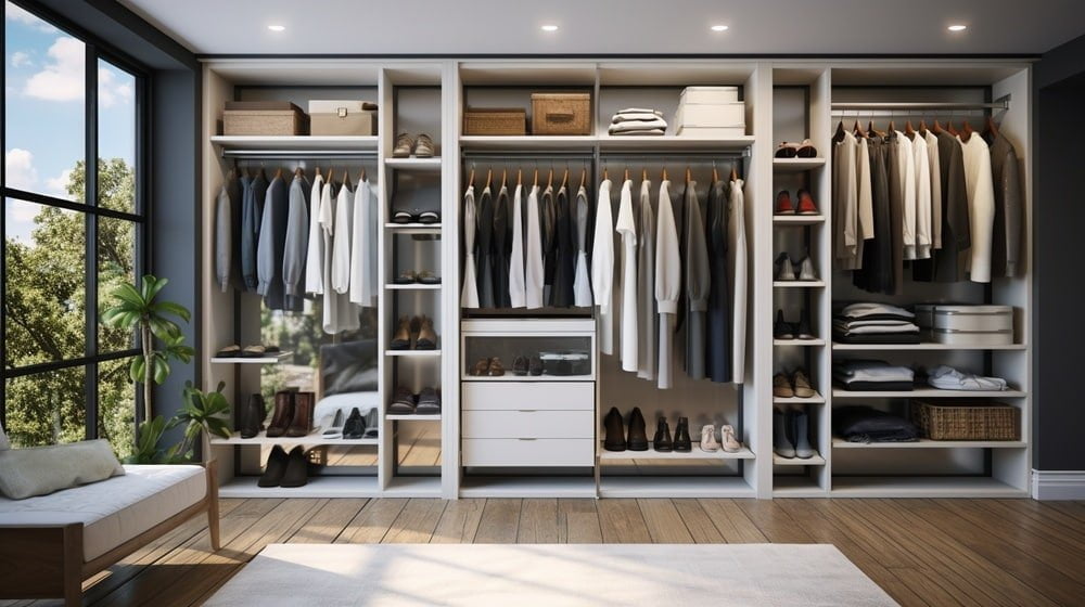 Modern reach in closet in a glass wall room with natural light