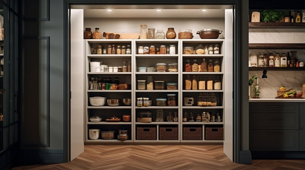 Small modern pantry with pantry cabinet and shelves