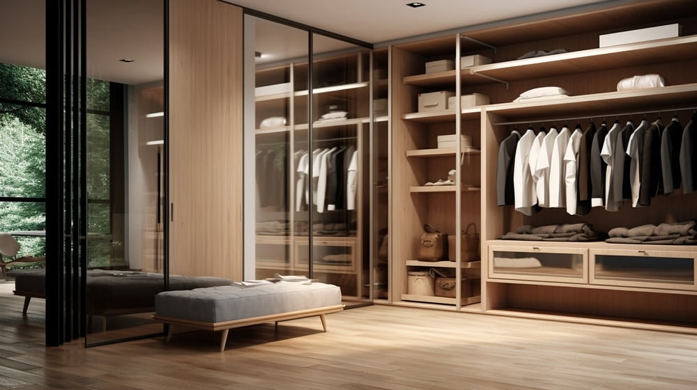 Modern glass wall room with walk in closet that has no doors