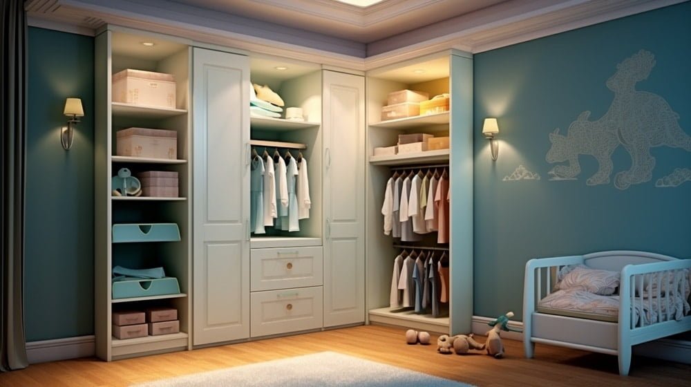 Blue nursery closet with wallpaper