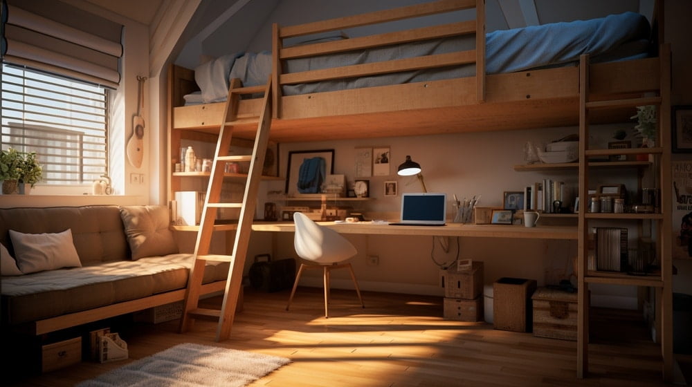 Natural looking loft bed with light coming in from the window