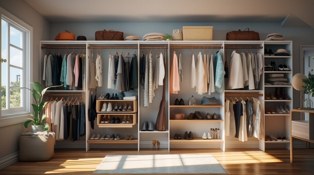 Simple reach in closet with hangers rods and clothes inside