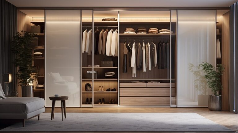 Modern reach in closet with sliding white door in a modern room