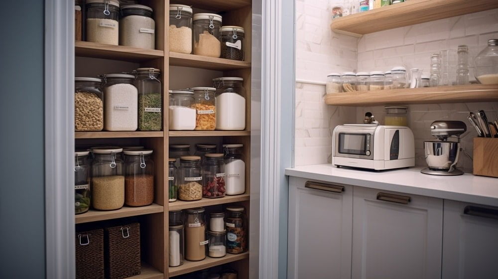Small pantry cabinet with jars on the shelves