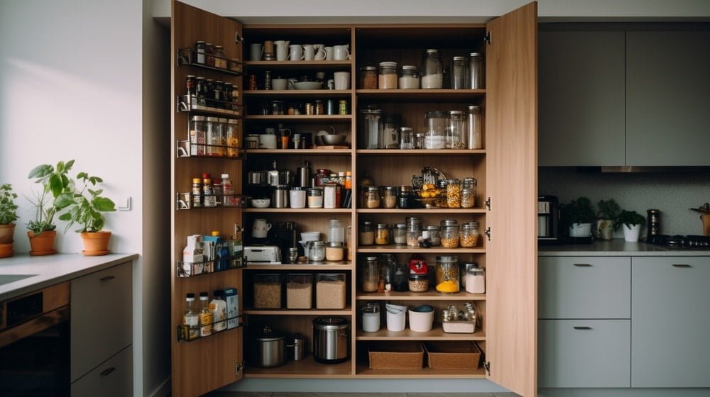 Small pantry cabinet with items on its shelves