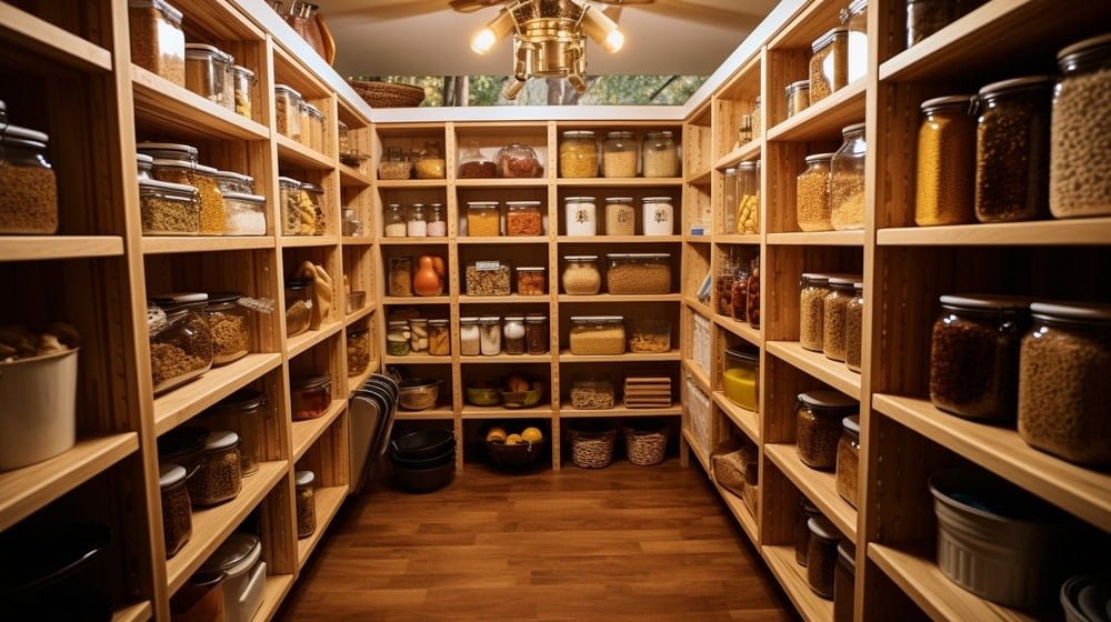 Small walk in pantry with wooden shelves