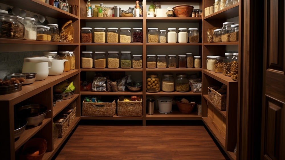 Small wooden walk in pantry with its shelves full of jars and goods