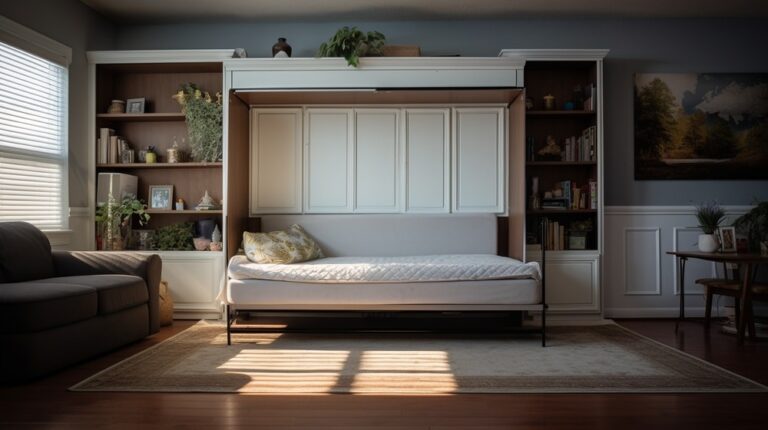 Murphy bed folded out in a room with natural beam of light