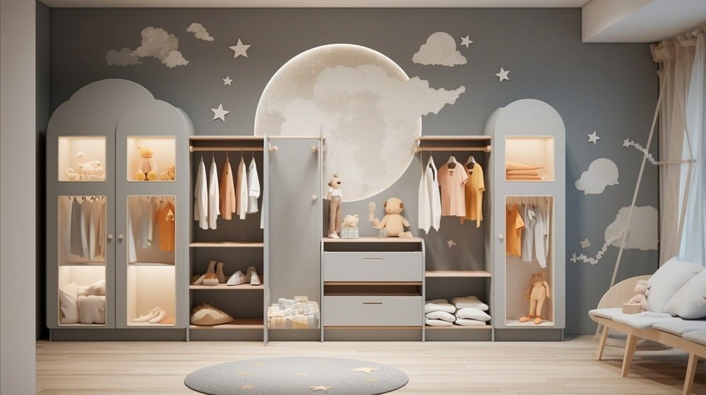 Grey kid closet with shelves and rods