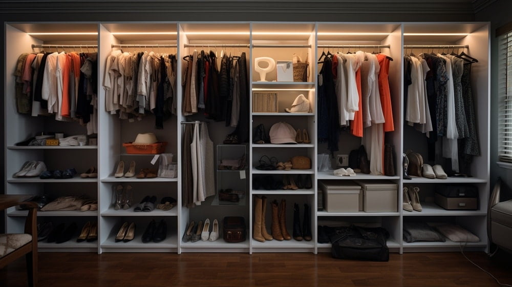 Reach in closet crowded with clothes inside and led lights above