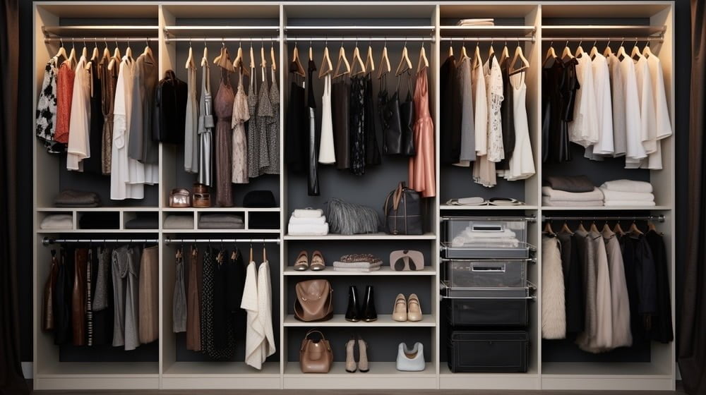 Reach in closet with a lot of clothes in it hanging and folded