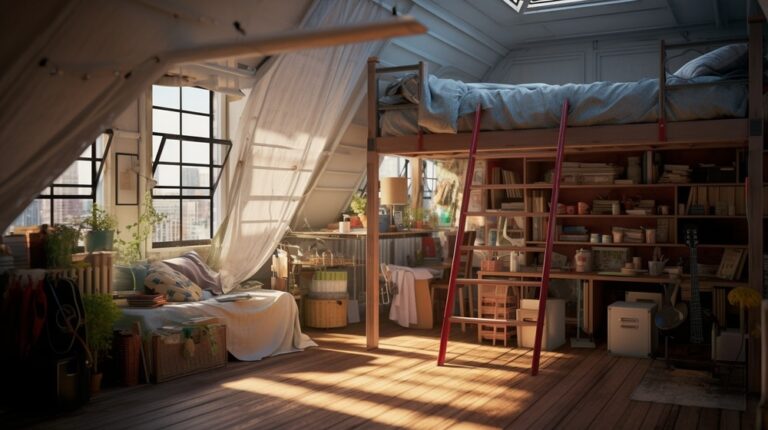 Cozy room with loft bed and working space