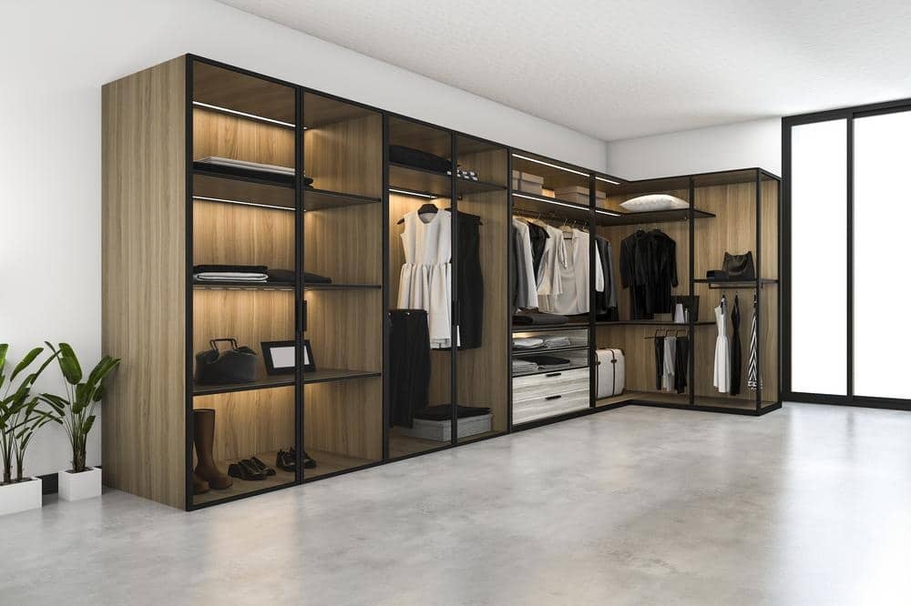 Standing wardrobe closet with glass doors and metal frame