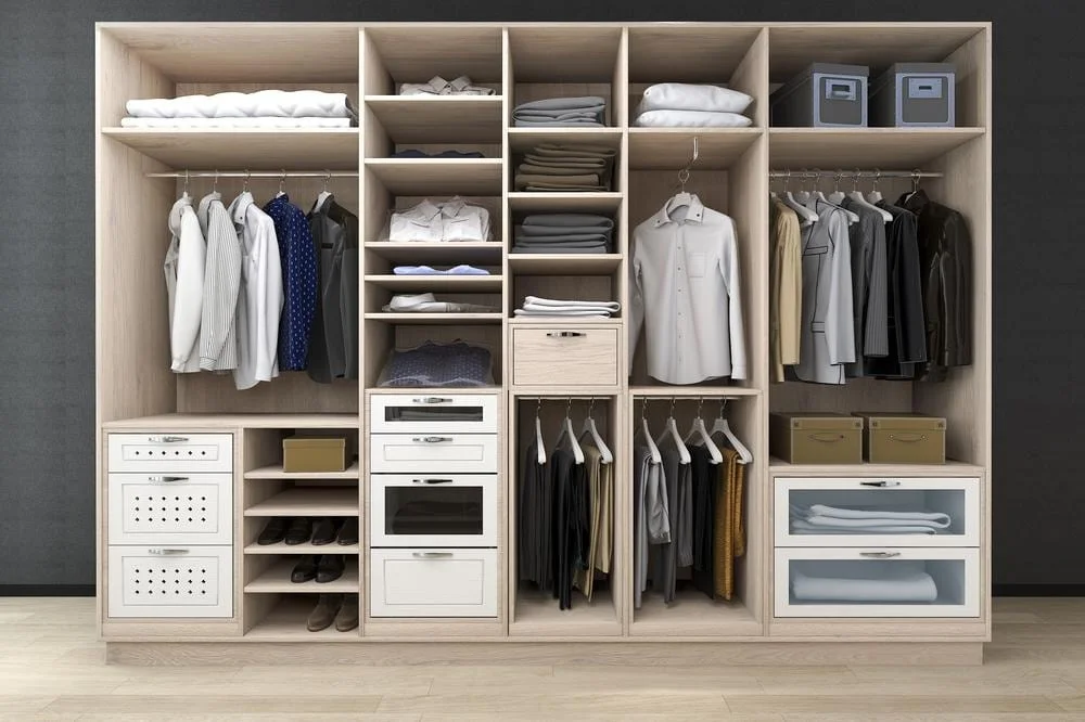 Modern standing closet with no doors and full of clothes