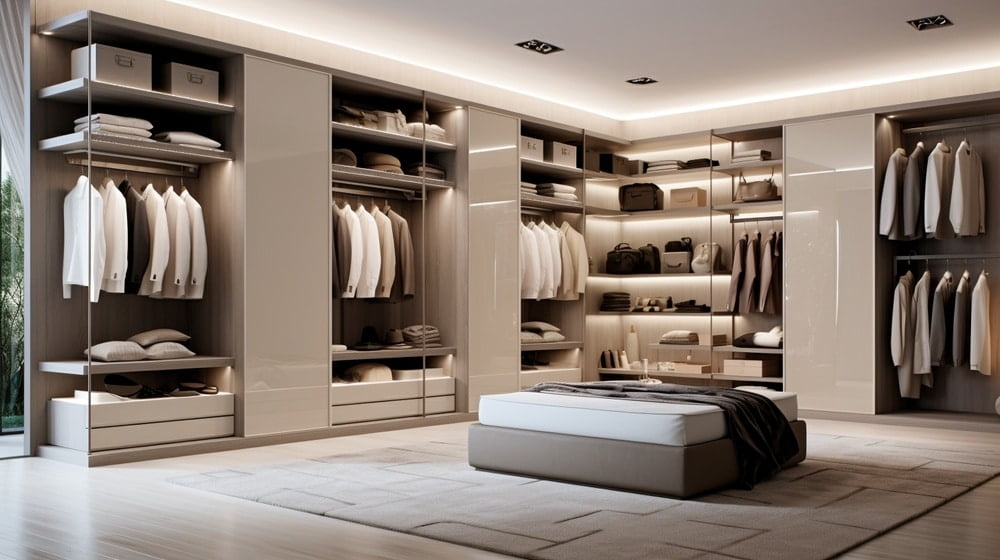Modern luxury custom closet with led lighted shelves and ottoman in the middle of the room