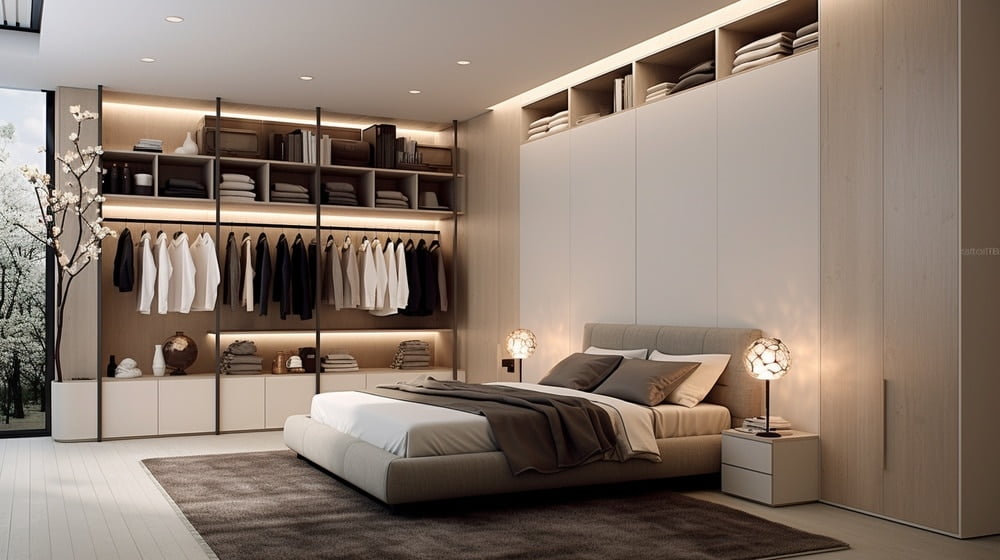 Modern led lighted built in closet with upper shelves above the bed