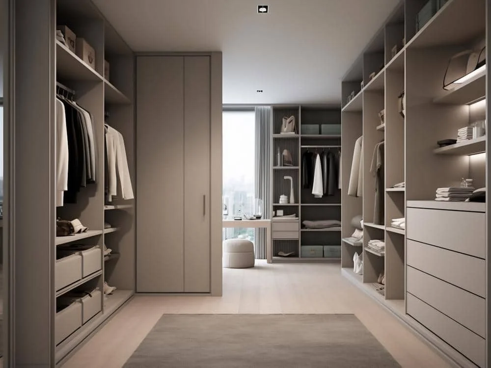 Modern master closet with grey furniture closet