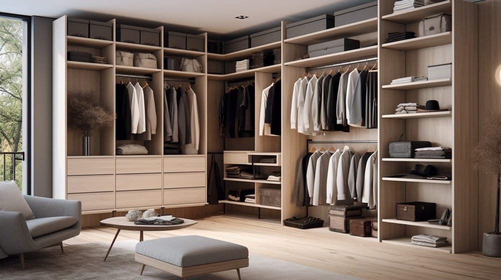 l shaped modern custom closet with clothes inside