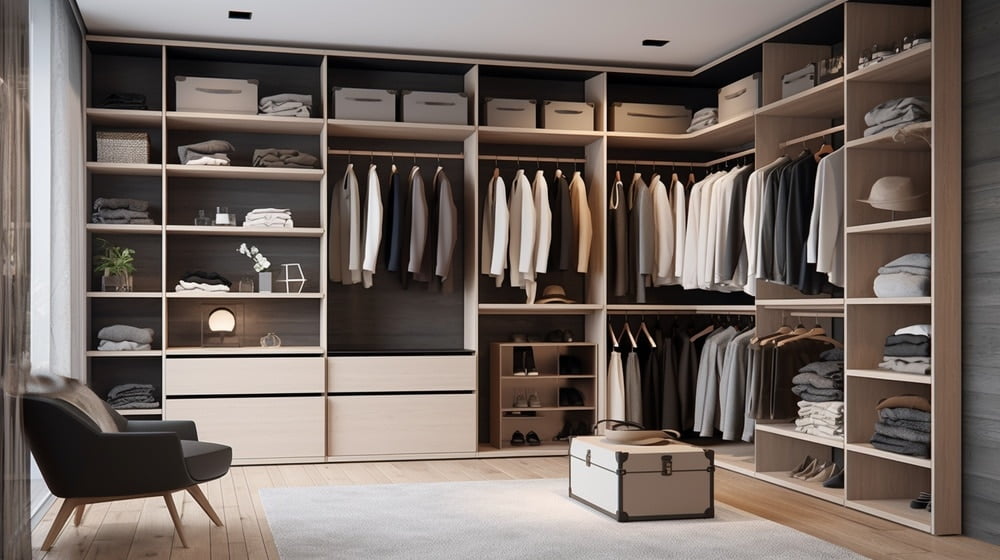 L-shaped custom closet with hanging space and drawers