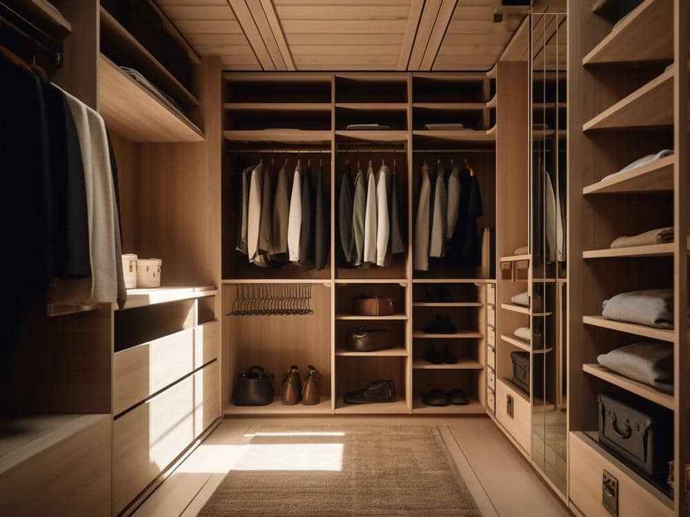 Small wooden walk in closet with natural light beam
