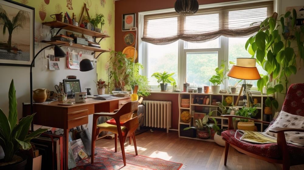 Craft room with small sectioned bookcase and plants around the room