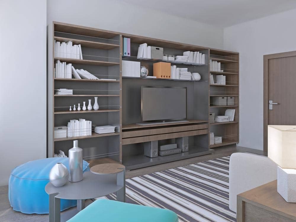 Modern living room grey bookcase shelves as a tv unit