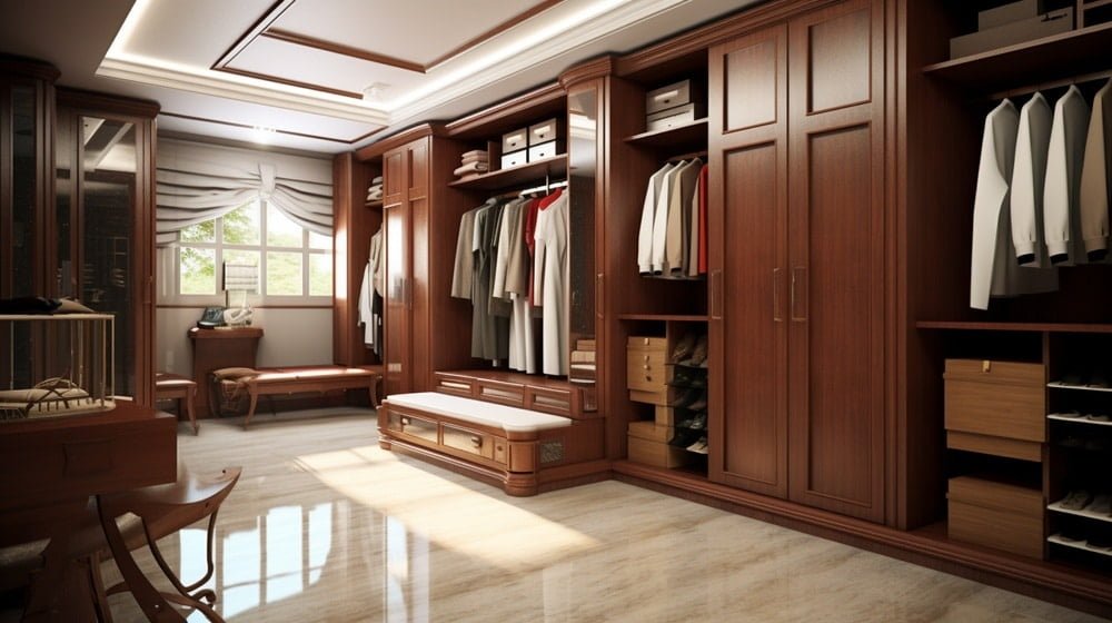 Walk in closet with marble floor and mahogany clsoets