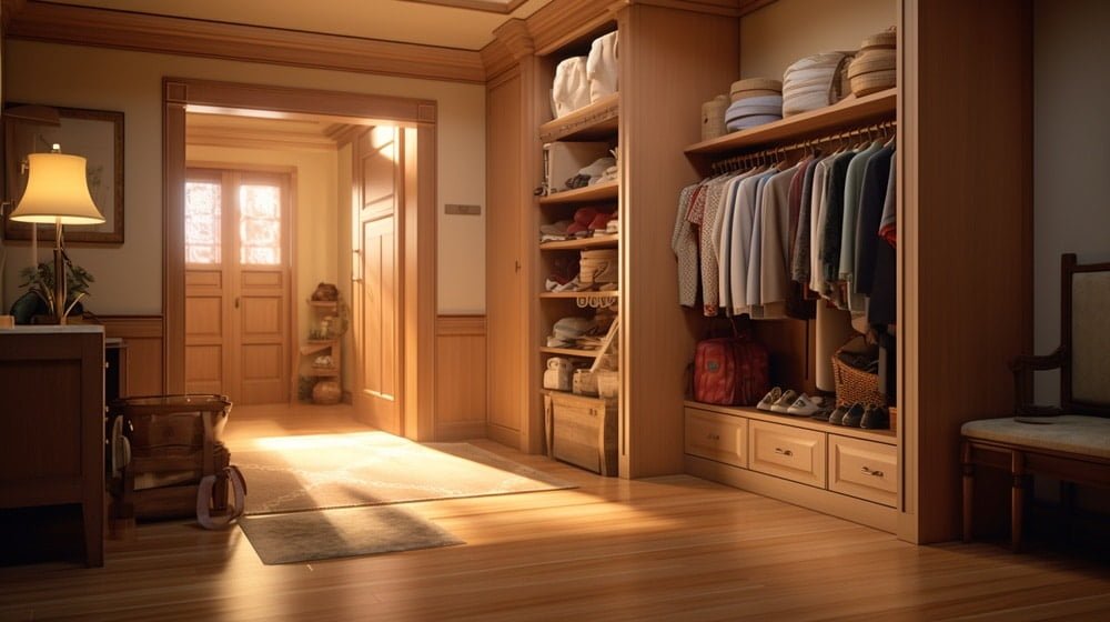 Small maple closet in a hallway