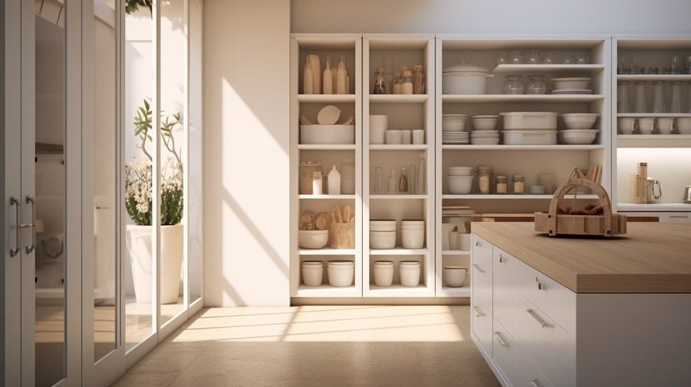 Pantry cabinet in a white kitchen with glass inserted cabinets