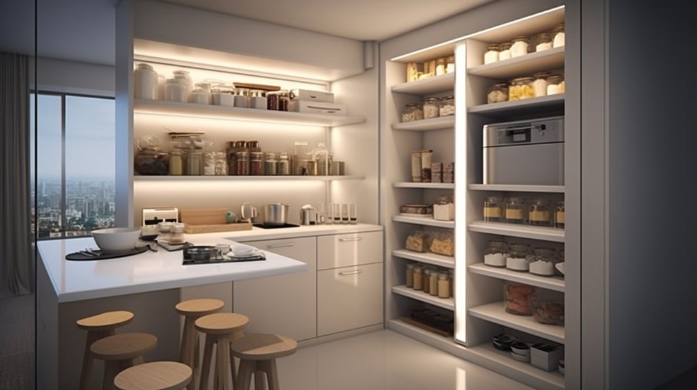 Small white pantry in a kitchen with led lighted shelves