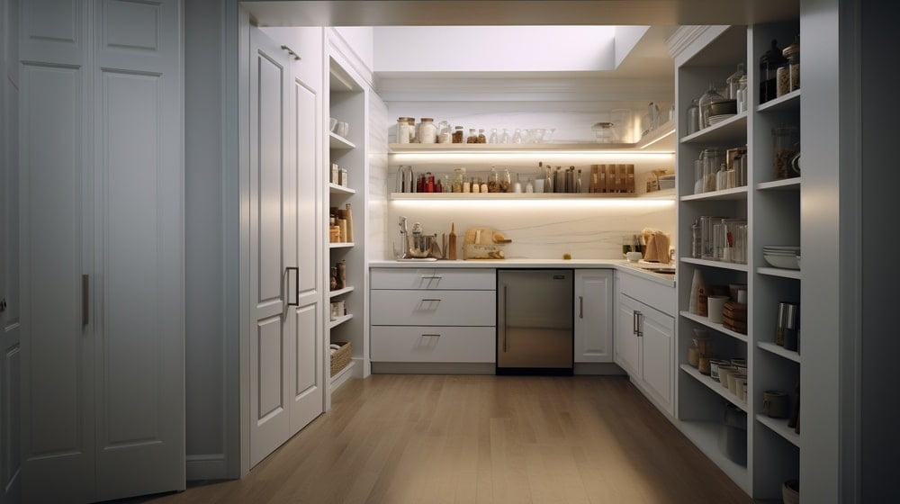 Small pantry in a kitchen that has led lighted shelves