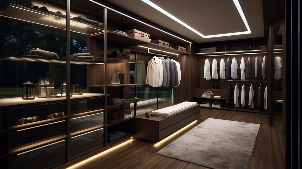 Luxury dark walk in closet with glass door and hanging rods