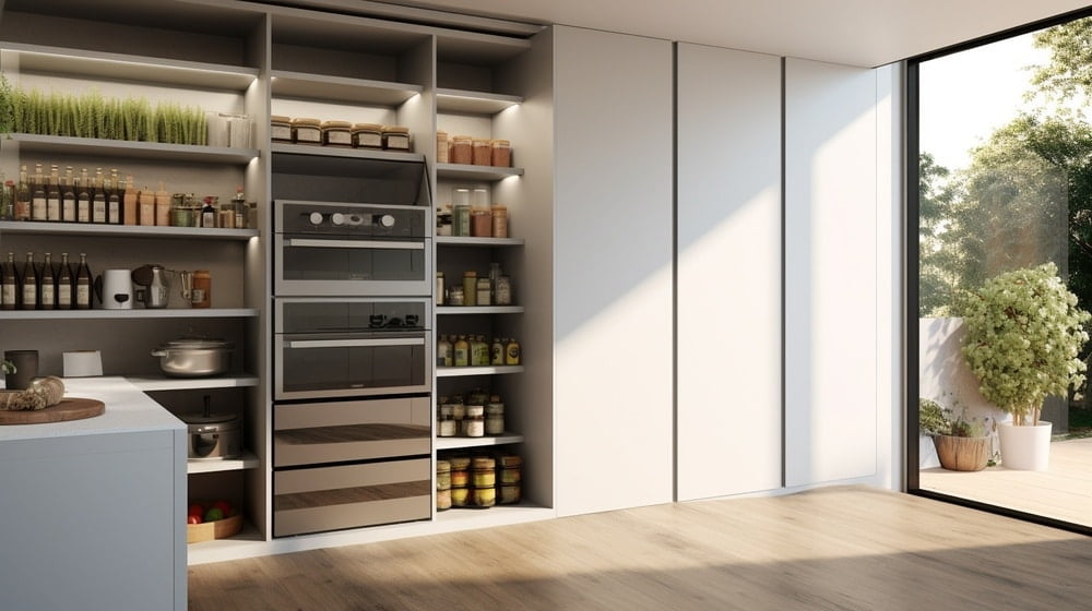 White modern pantry cabinet in a kitchen with wooden flooring