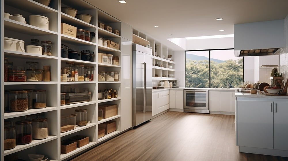 Large kitchen with open pantry shelves