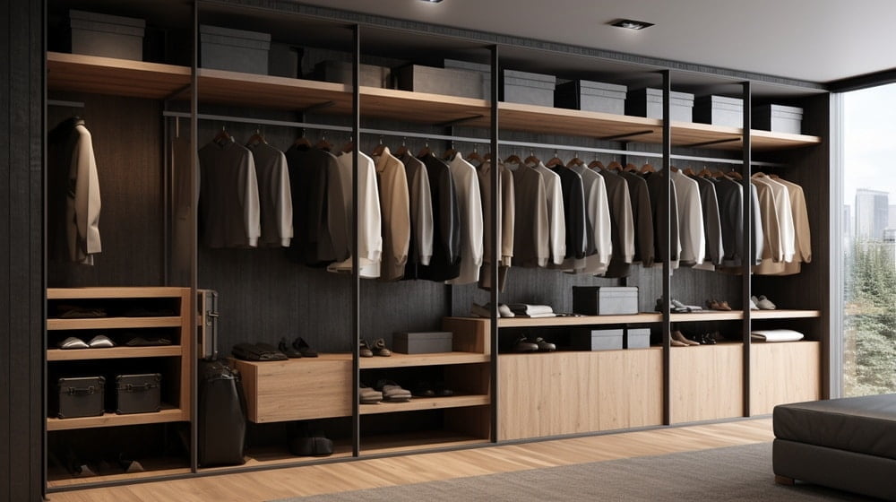 Modern wooden closet with shelves and hangers