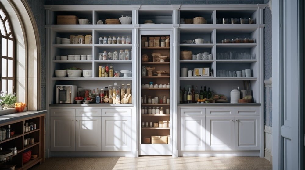 Farmhouse style white pantry cabinet that has jars in it