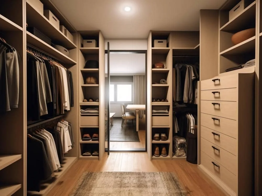 Small walk in closet with light colored wooden shelves