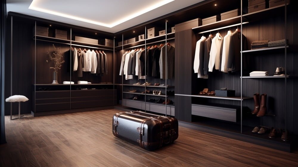 Dark wood walk in closet with an ottoman in the middle