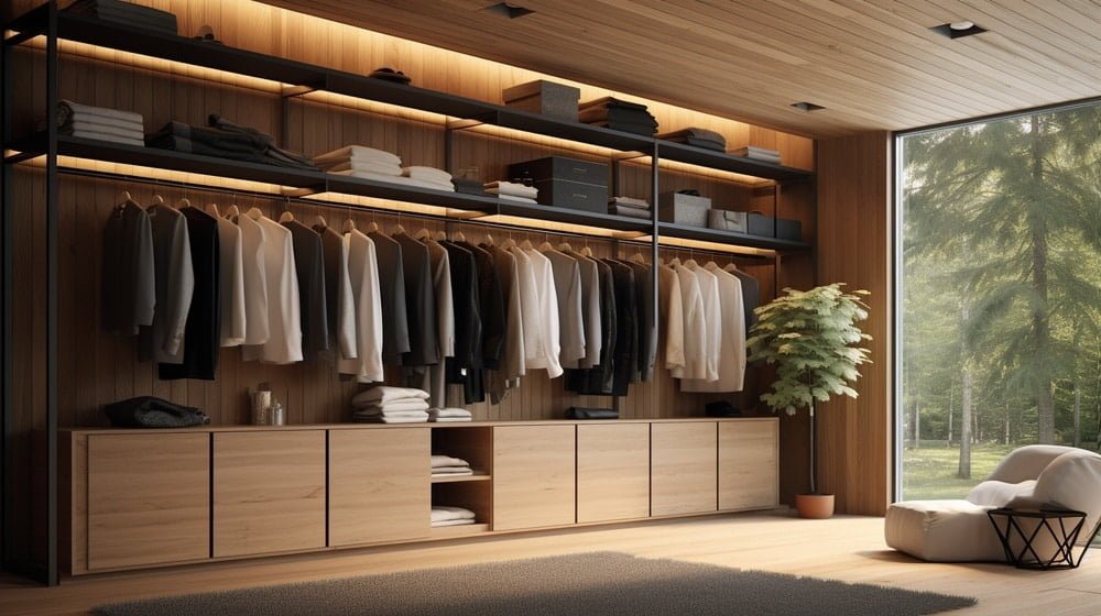 Luxurious wooden closet with hangers and drawers