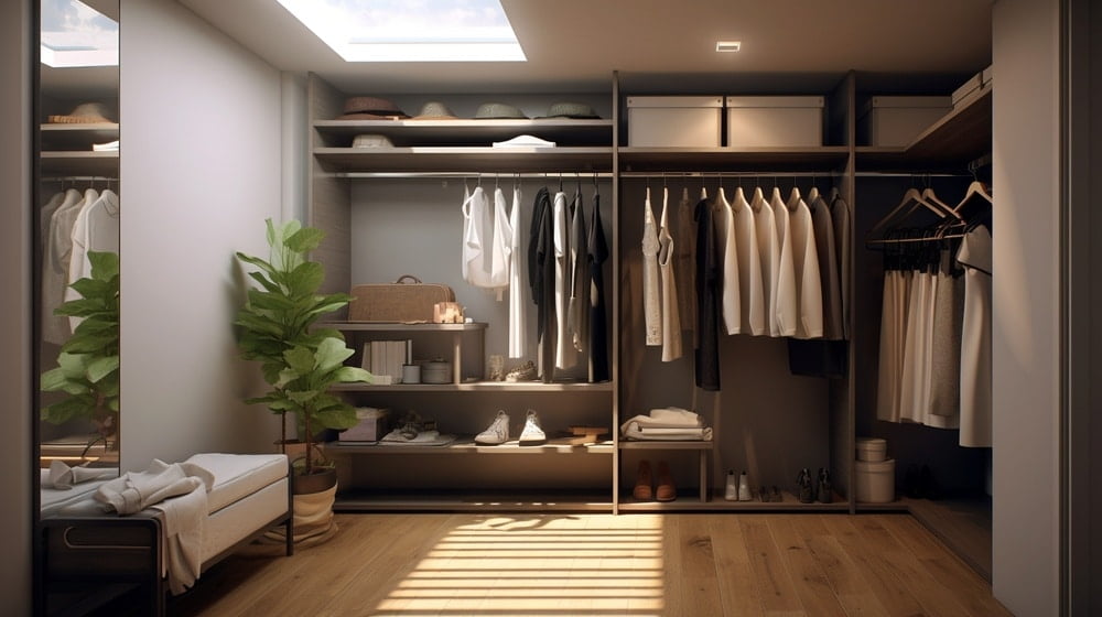 Small custom closet with a bench and rods inside the closet