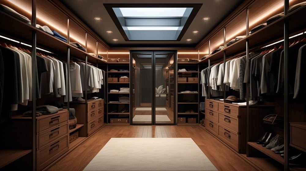 Luxurious dark toned black walk in closet full of clothes with led lighting on its shelves