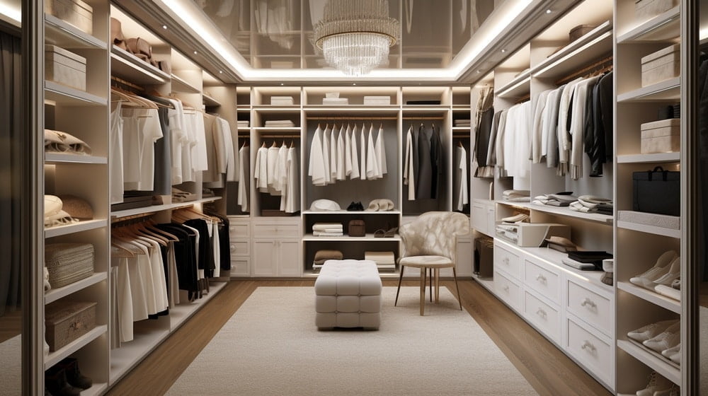 Modern walk in closet with white color and led lights on the ceiling