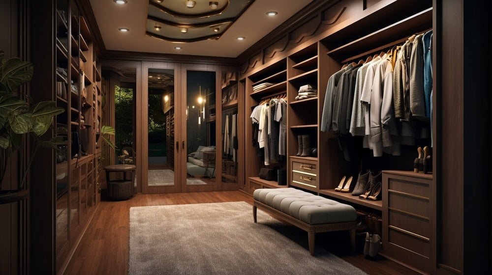 U shaped wooden walk in closet with carpet on the floor and clothes inside