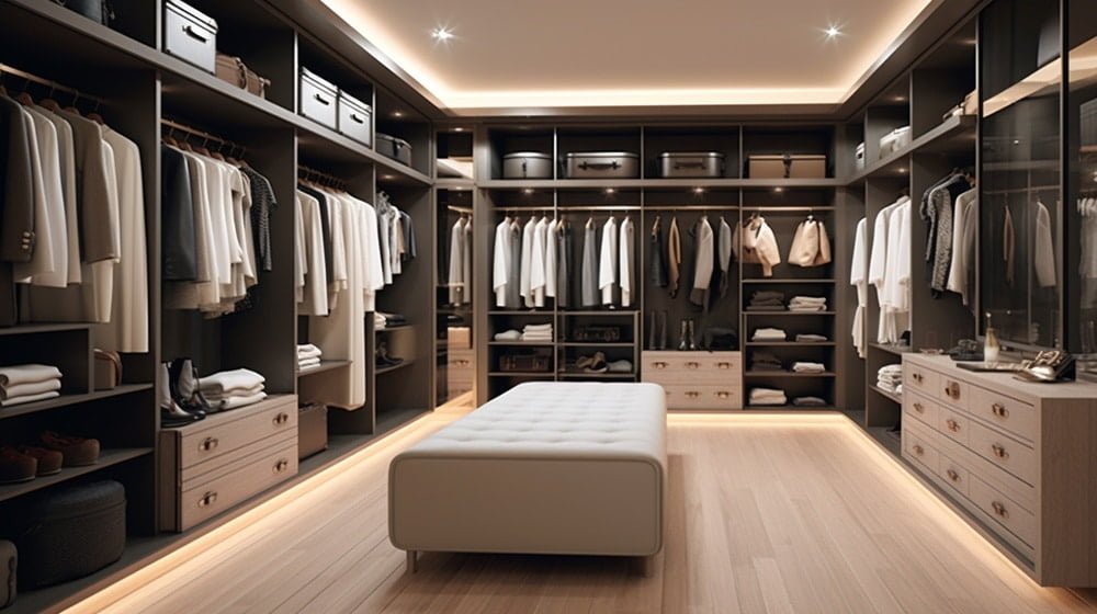 Modern u shaped walk in closet with brown tone furniture