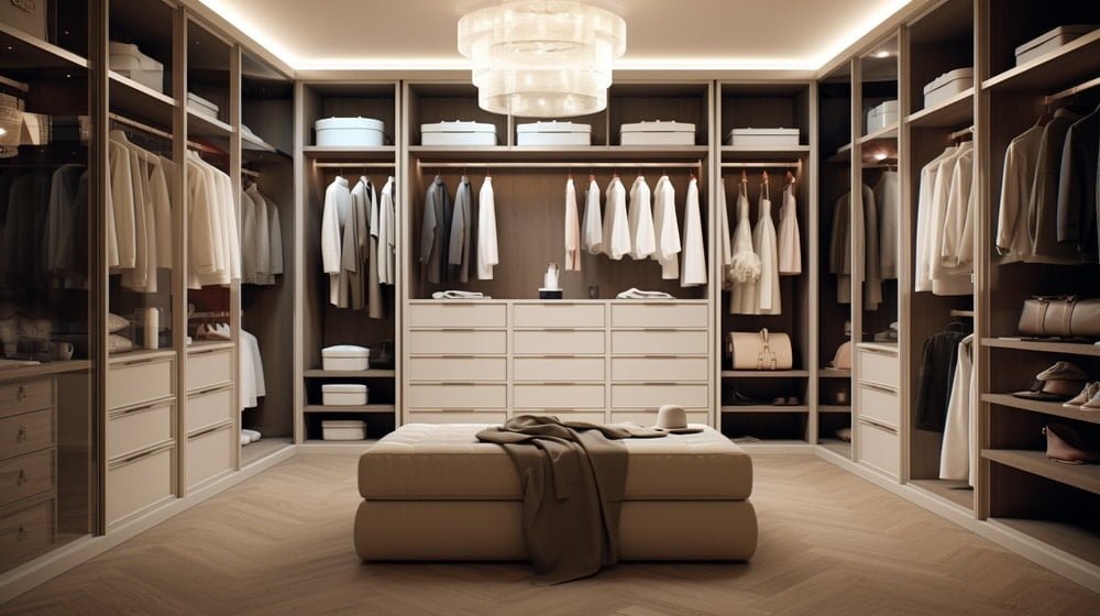 Large walk in closet with white furniture and chandelier
