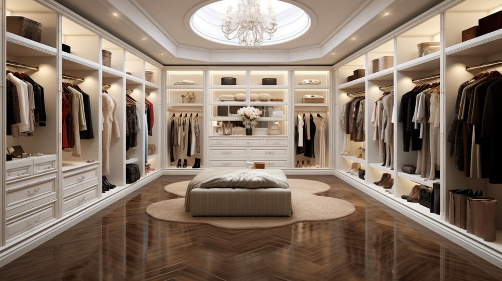 u shaped walk in closet luxurious space with glossy floor and white closets