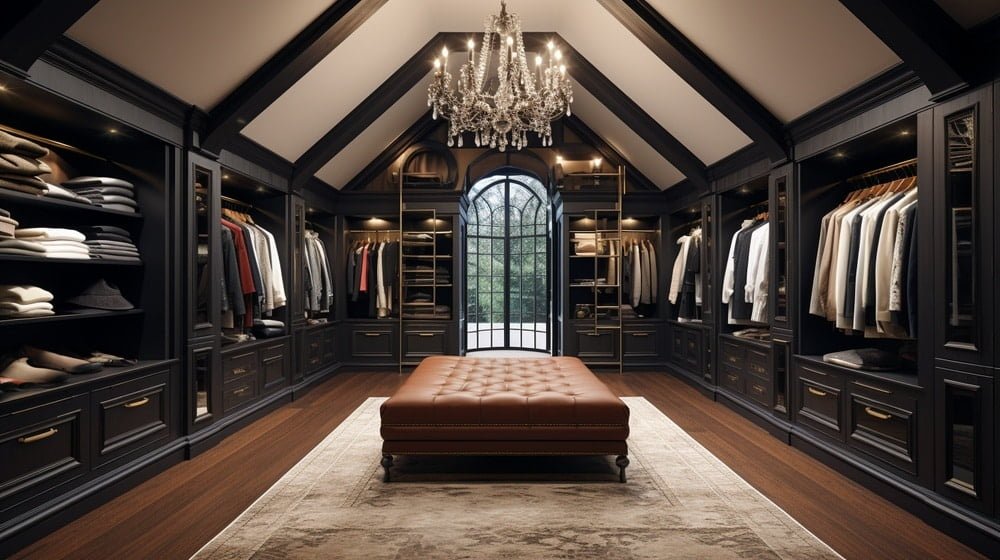 Dark wooden luxury walk in closet with brown ottoman and hanging rods