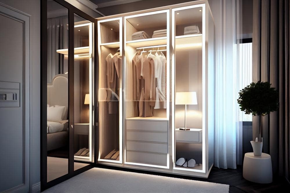 Small led lighted glass door closet in a bedroom