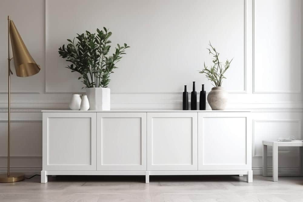 White living room cabinets with plants and decorations on it